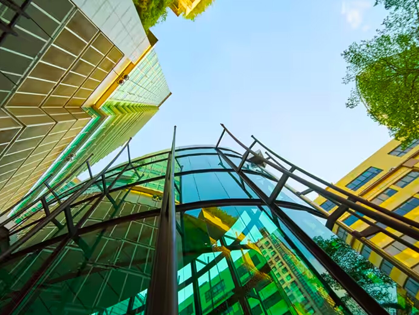 Exterior of glass office building surrounded by greenery